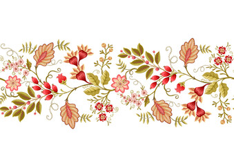 Seamless pattern with stylized ornamental flowers in retro, vintage style. Jacobin embroidery. Colored vector illustration isolated on white background. © Elen  Lane