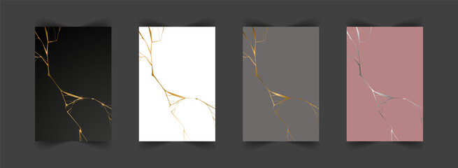 Set of gold kintsugi backgrounds. Crack and broken effects. Marble texture. Luxury design for wall art, wallpaper, wedding card, social media. Modern vector illustration.
