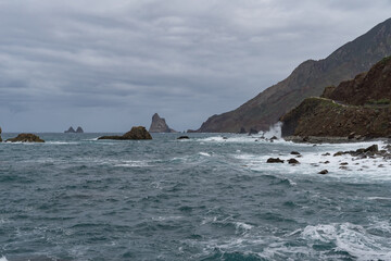 View to  Roques de Anaga cliff near Roque de Las Bodegas beach in the area of Taganana, Tenerife Island,  Spain