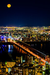 淀川と十三大橋、満月、大阪の夜景、11月、日本