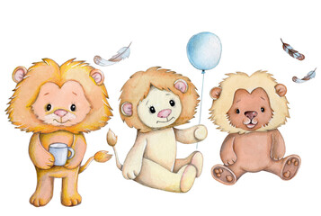 Cute cartoon little lions, lion kittens. Watercolor  hand drawn illustration for children, isolated on white background.