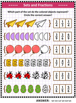 Math puzzle or worksheet for schoolchildren and adults with pictorial fraction representations by sets. Answer included.
