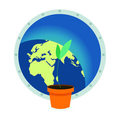 a sprout in a pot near the porthole of the space ship overlooking the earth.plant in space.