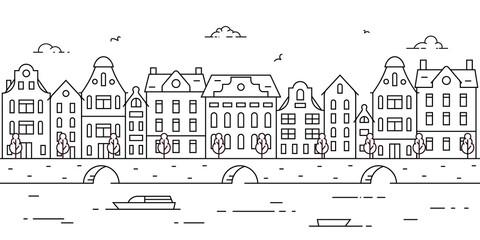Naklejka premium Outline panorama of european city with historical buildings. Europe, Holland, river, sea channel, canal, bridge, boat, embankment, multicolored street. Coloring page. Vector illustration in flat style
