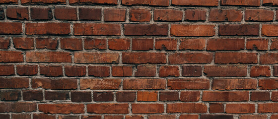 Obraz premium The texture of an old brick wall with natural defects. Scratches, cracks, crevices, chips, dust, roughness, abrasion. Template for design and background.Copy space,banner, wide panorama