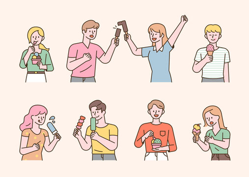 People eating various types of ice cream. flat design style minimal vector illustration.