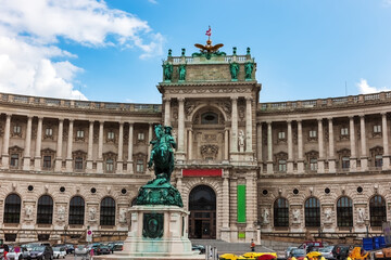 Fototapeta na wymiar View of the Prince Eugene of Savoy monument closeup in front the Hofburg Palace on the Heldenplatz (Heroes Square) in the city of Vienna, Austria