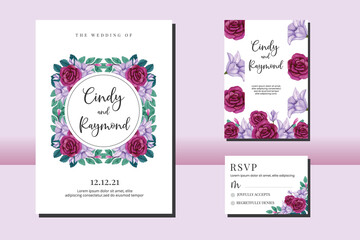 Wedding invitation frame set, floral watercolor hand drawn Rose and Lily Flower design Invitation Card Template