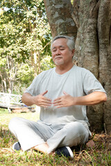 Obraz premium cheerful gray-haired bearded gentleman is sitting meditation under a tree outdoors in the park
