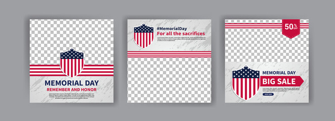 Memorial day greeting card displayed with the national flag of the United States of America. Social media templates for memorial day.