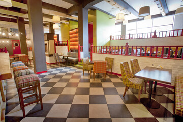 Colorful interior of stylish cozy color cafe