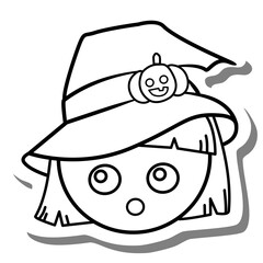Black line cartoon Witch on white silhouette and gray shadow. Icon Emoji for decoration or any design. Vector illustration of Halloween day.
