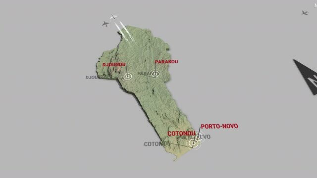 Seamless looping animation of the 3d terrain map of Benin with the capital and the biggest cites in 4K resolution