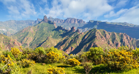 Landscape with Roque Bentayga and Roque Nublo in the background, Gran Canaria, Canary Islands, Spain