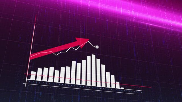 Animation of ascending blue histogram chart with uparrow, Statistics, Data, quotes, Rising chart. Camera flyby
