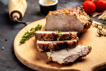 Roast pork with herbs and vegetables. Restaurant menu, dieting, cookbook recipe