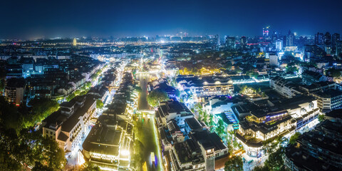 Fototapeta na wymiar Aerial photography night view of ancient buildings on the Qinhuai River in Nanjing