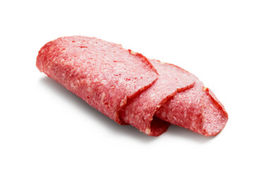 Slices of tasty salami on white background