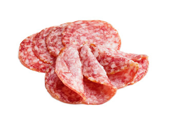 Slices of tasty salami on white background