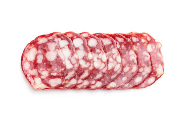 Slices of tasty salami on white background