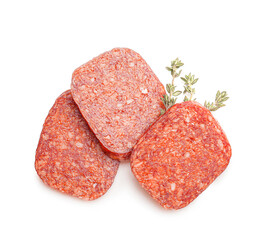 Slices of tasty salami on white background