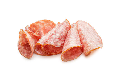 Slices of tasty salami on white background