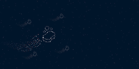 Obraz na płótnie Canvas A soap symbol filled with dots flies through the stars leaving a trail behind. Four small symbols around. Empty space for text on the right. Vector illustration on dark blue background with stars