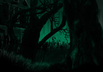 闇夜の森の中の家の緑のイラスト