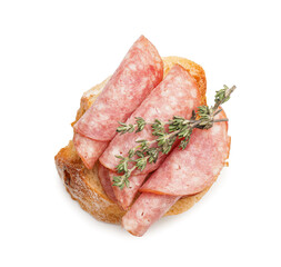 Tasty sandwich with salami on white background