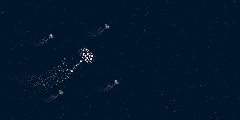 Fototapeta na wymiar A sledgehammer symbol filled with dots flies through the stars leaving a trail behind. There are four small symbols around. Vector illustration on dark blue background with stars