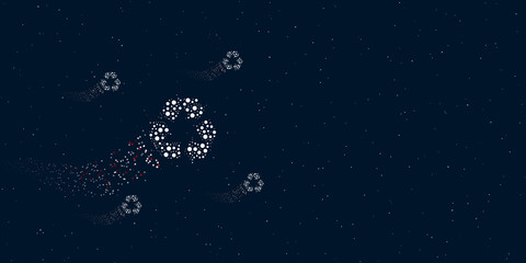 Obraz na płótnie Canvas A recycling symbol filled with dots flies through the stars leaving a trail behind. Four small symbols around. Empty space for text on the right. Vector illustration on dark blue background with stars