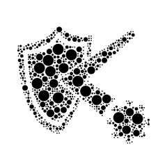 A large virus bounces off the shield symbol in the center made in pointillism style. The center symbol is filled with black circles of various sizes. Vector illustration on white background