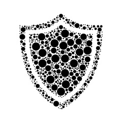 A large shield symbol in the center made in pointillism style. The center symbol is filled with black circles of various sizes. Vector illustration on white background