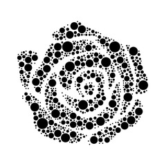 A large rose in the center made in pointillism style. The center symbol is filled with black circles of various sizes. Vector illustration on white background