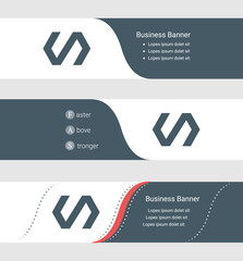 Set of blue grey banner, horizontal business banner templates. Banners with template for text and polymer symbol. Classic and modern style. Vector illustration on grey background