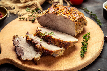 roasted pork with mustard on a cutting board. banner, menu recipe