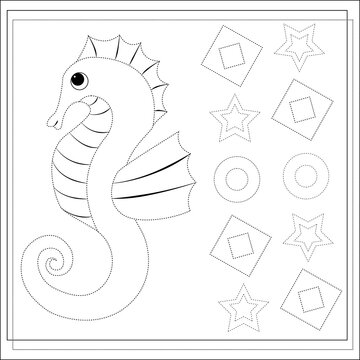 Page coloring books, handwriting practice for kids, seahorse. A sketch. Vector