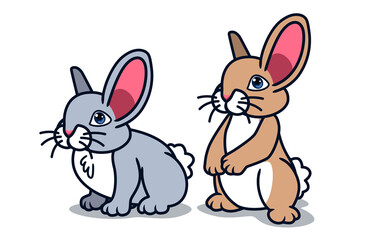 A gray rabbit standing on four legs and a brown rabbit standing on its hind legs. Couple of cute rabbits with huge ears