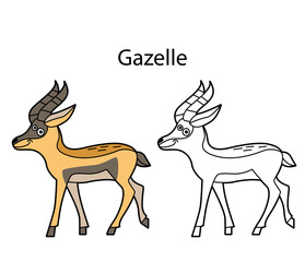 Funny cute animal gazelle isolated on white background. Linear, contour, black and white and colored version. Illustration can be used for coloring book and pictures for children