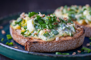 Delicious toasted bread with salad of green wild garlic, boiled eggs and sour cream on plate