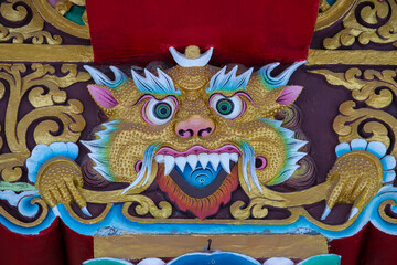 Religious images in the shape of a tiger in the buddhist tibetan monastery near mountain village Leh in ladakh region, north India