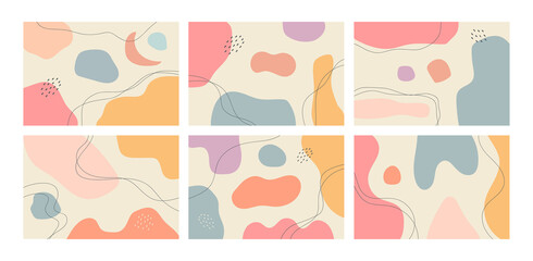 Collection of abstract backgrounds. Hand drawing various shapes and doodle objects. Trendy modern contemporary vector illustration. Every background is isolated. Pastel color