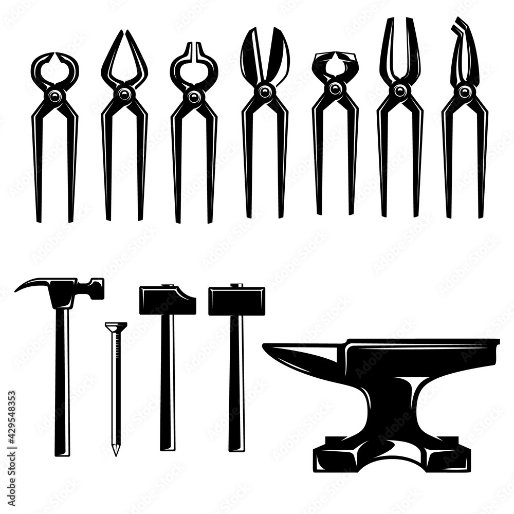 Wall mural illustration of blacksmith pliers, hammers, anvils. design element for logo, label, sign, emblem, po