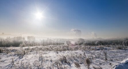 Morning foggy sunrise winter landscape 