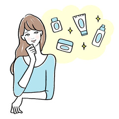 スキンケアについて考える女性のイラスト