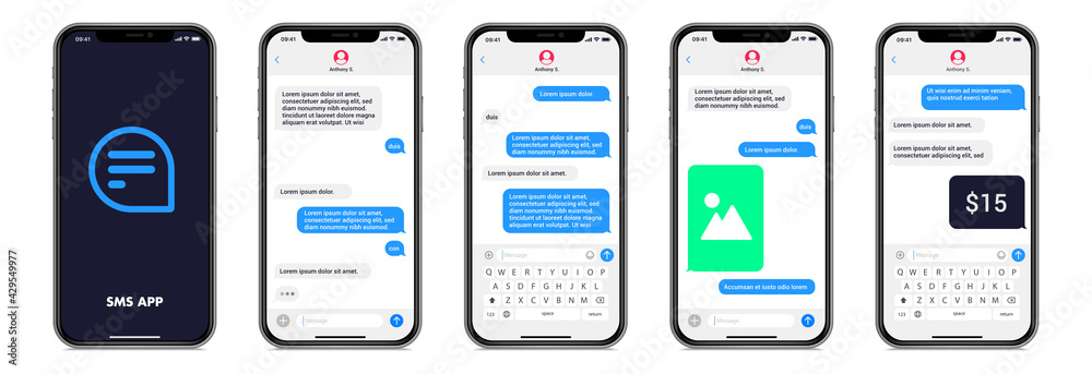 Wall mural mobile chatting sms app template bubbles. chat messages composer. isolated smartphone mockup with bu