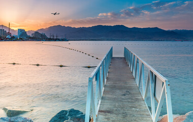 Morning on central public beach in Eilat - famous tourist resort and recreational city in Israel and Middle East