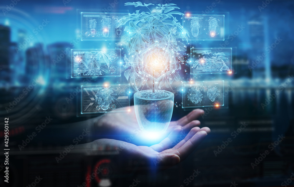 Leinwandbilder man hand holding and touching holographic projection of a plant with digital analysis 3d rendering