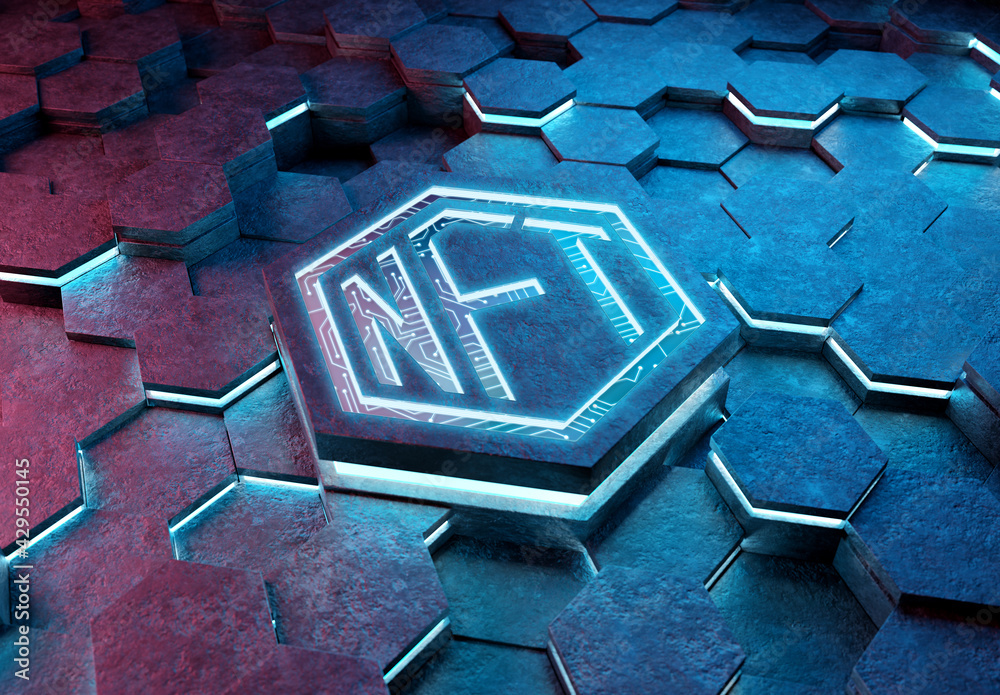 Poster NFT nonfungible tokens concept on hexagonal background. NFT Logo on abstract digital surface. 3d rendering