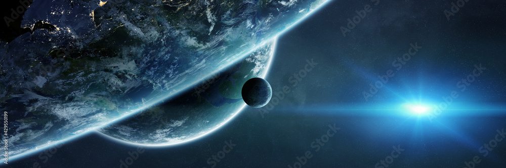 Poster Panoramic space planets background. Panorama of distant solar system with exoplanets 3D rendering elements of this image furnished by NASA
